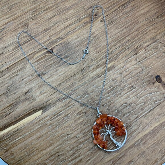 Tree of Life Natural Orange Carnelian Chips Sterling Silver Chain Necklace - Picture 3 of 6